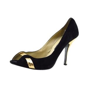 Laundry by Shelli Segal Black Suede and Gold Snakeskin Heels 4.50”